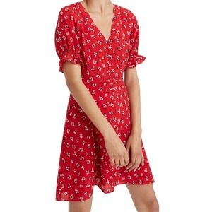Madewell Silk Ruffle Sleeve Button Front Dress Red White Lillies Women's‎ Size 8